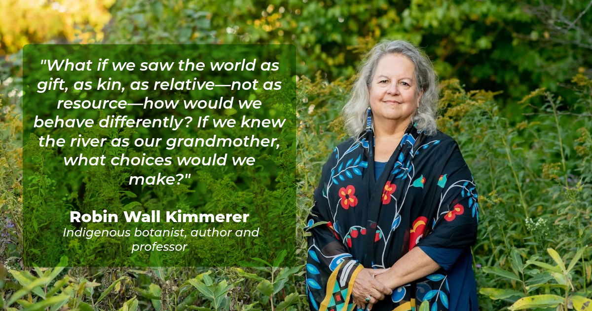 A portrait of Robin Wall Kimmerer in nature with a quote