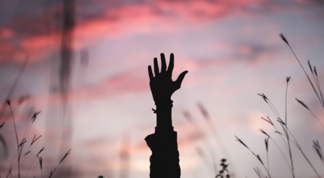 hand reaching out to pink sky